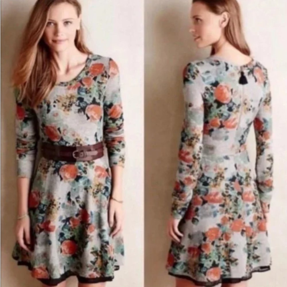 Anthropologie Saturday Sunday gray floral terry knit long sleeve flare dress MP